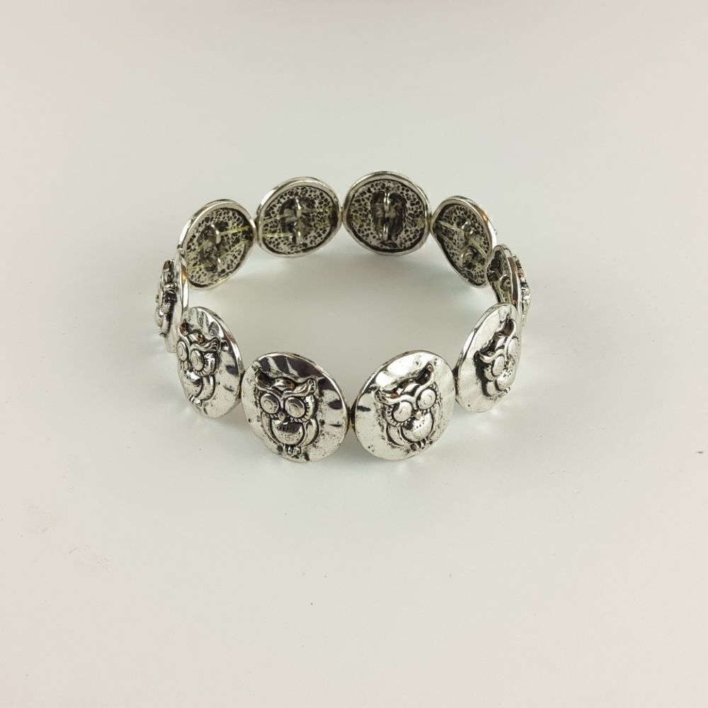 (3/$20) Silvertone elastic antiqued owl bracelet